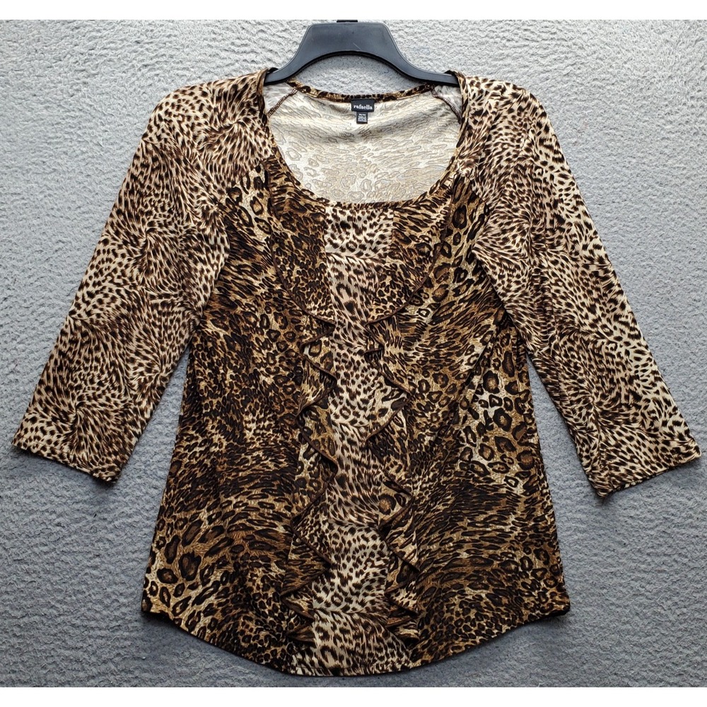 Rafaella Blouse Top Womens M Multi Leopard-Print 3/4-Sleeve Scoop Neck Pullover